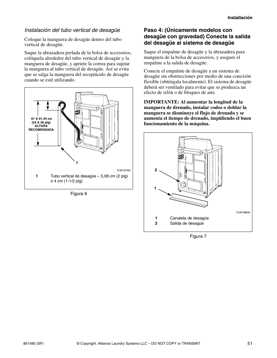 Instalación del tubo vertical de desagüe | Alliance Laundry Systems H264I User Manual | Page 53 / 76