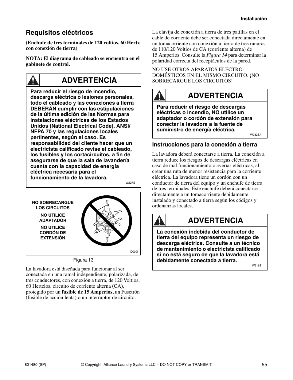 Advertencia, Requisitos eléctricos | Alliance Laundry Systems H264I User Manual | Page 57 / 76