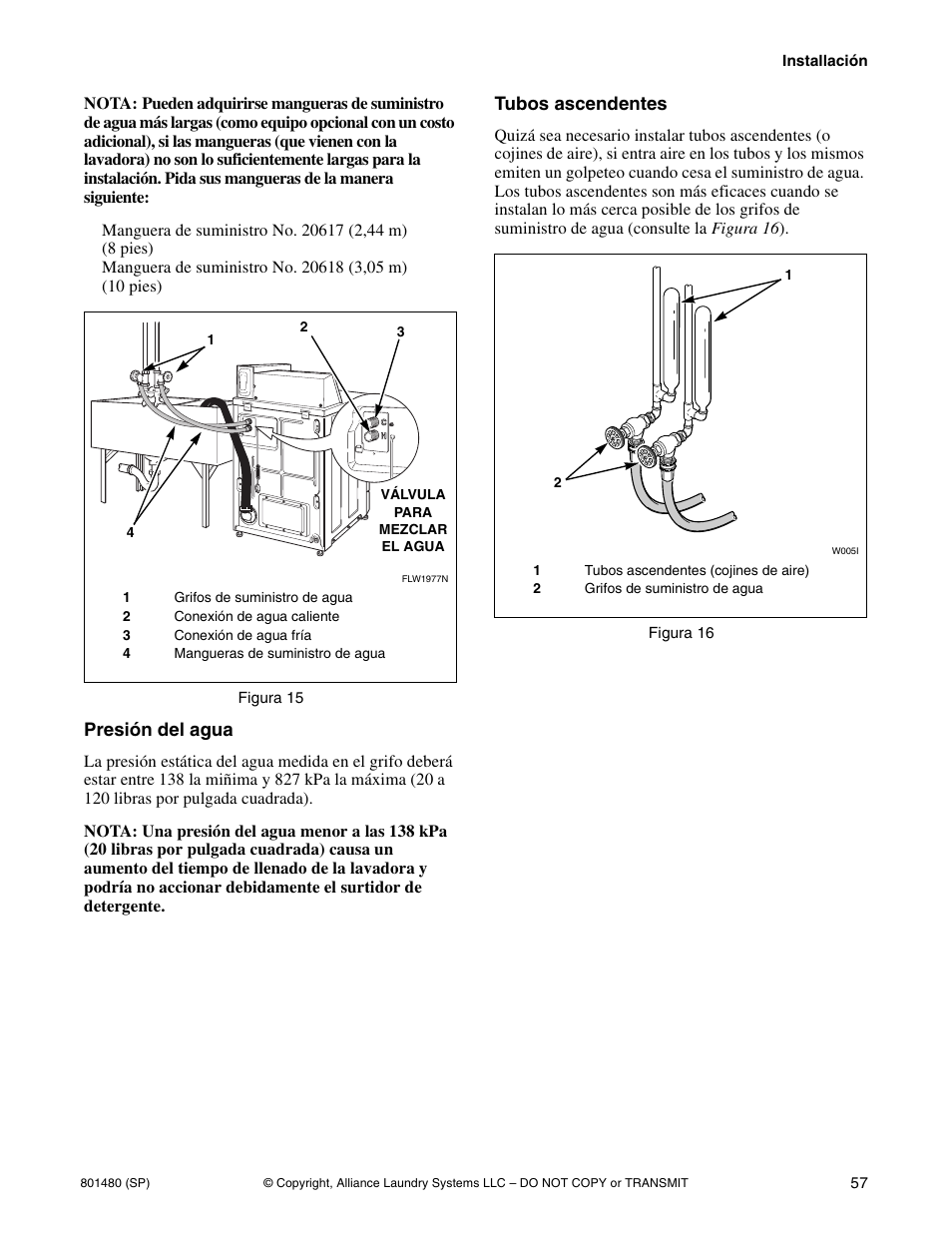Presión del agua, Tubos ascendentes | Alliance Laundry Systems H264I User Manual | Page 59 / 76