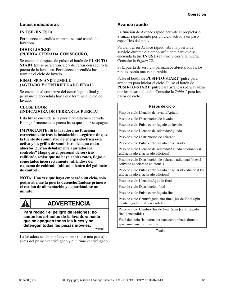 Advertencia | Alliance Laundry Systems H264I User Manual | Page 63 / 76