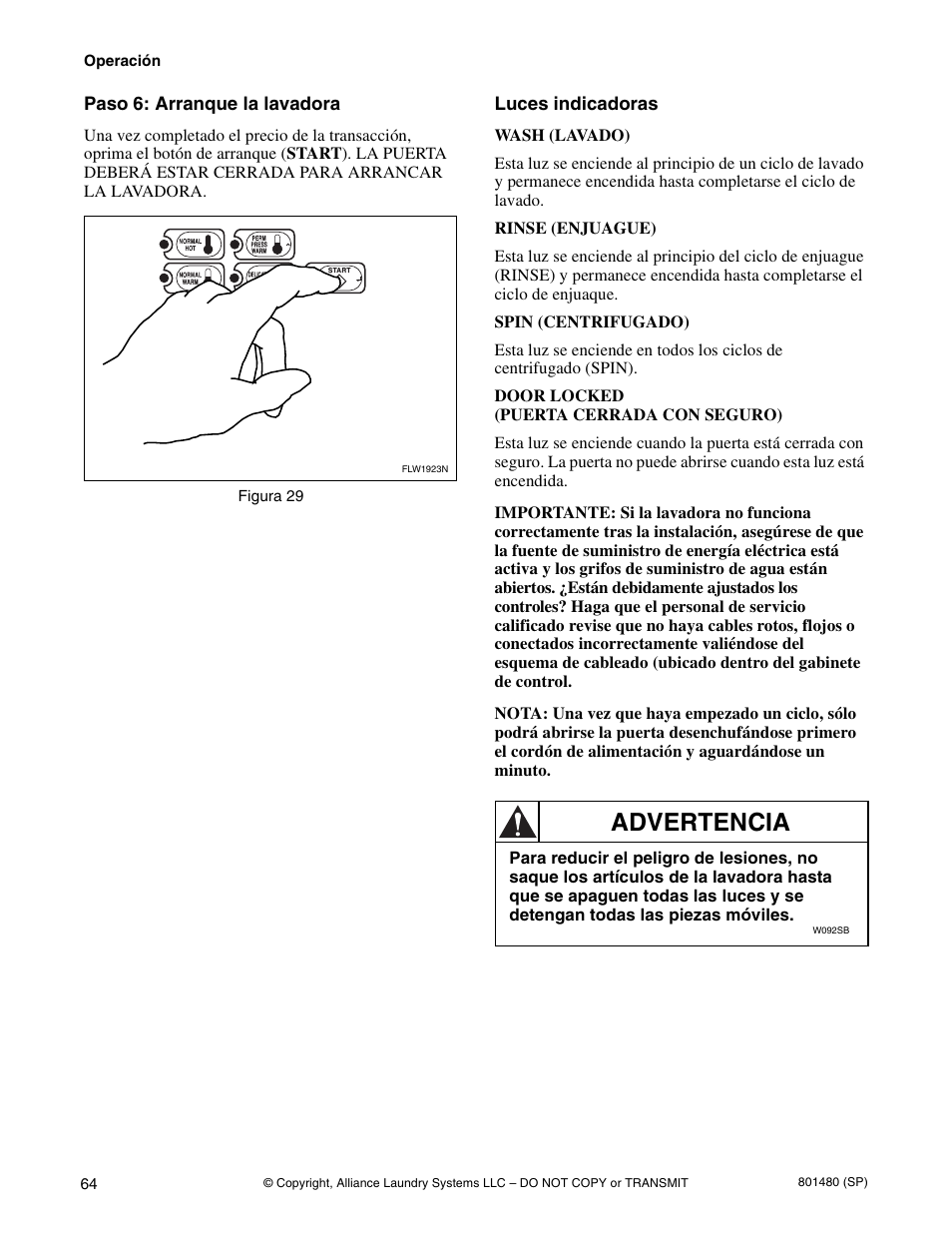 Advertencia | Alliance Laundry Systems H264I User Manual | Page 66 / 76