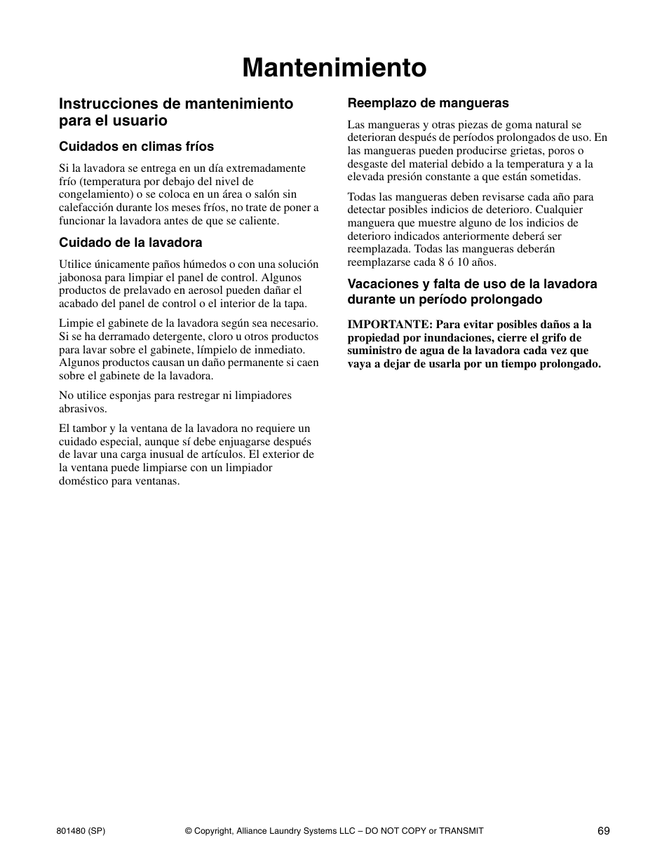 Mantenimiento | Alliance Laundry Systems H264I User Manual | Page 71 / 76