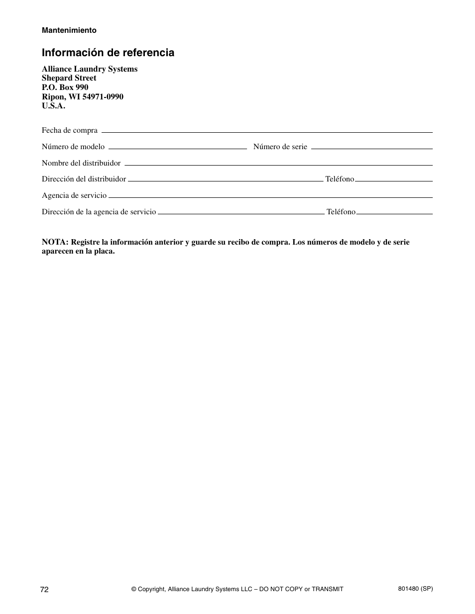 Información de referencia | Alliance Laundry Systems H264I User Manual | Page 74 / 76