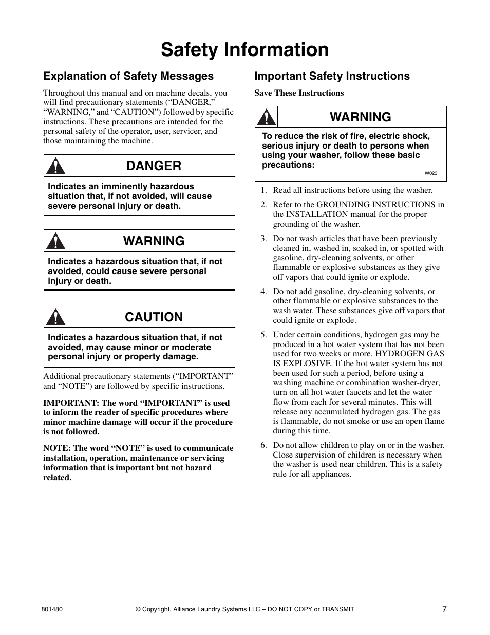 Safety information, Danger, Warning | Caution | Alliance Laundry Systems H264I User Manual | Page 9 / 76