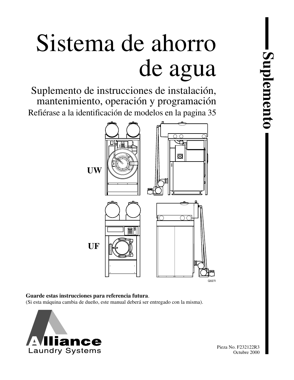 Sistema de ahorro de agua, Suplemento | Alliance Laundry Systems F232122R3 User Manual | Page 33 / 64