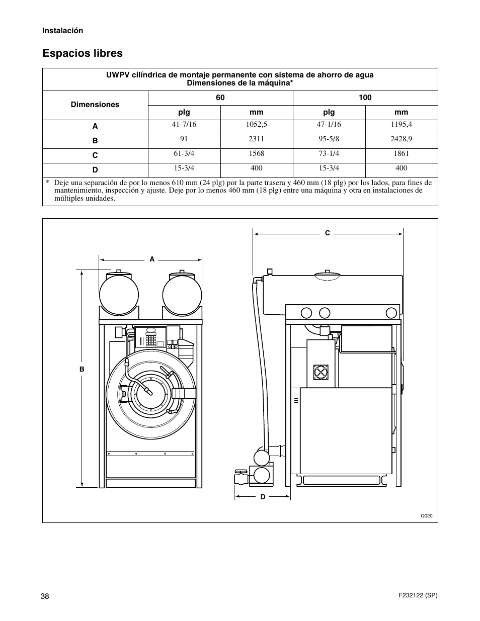 Espacios libres | Alliance Laundry Systems F232122R3 User Manual | Page 40 / 64