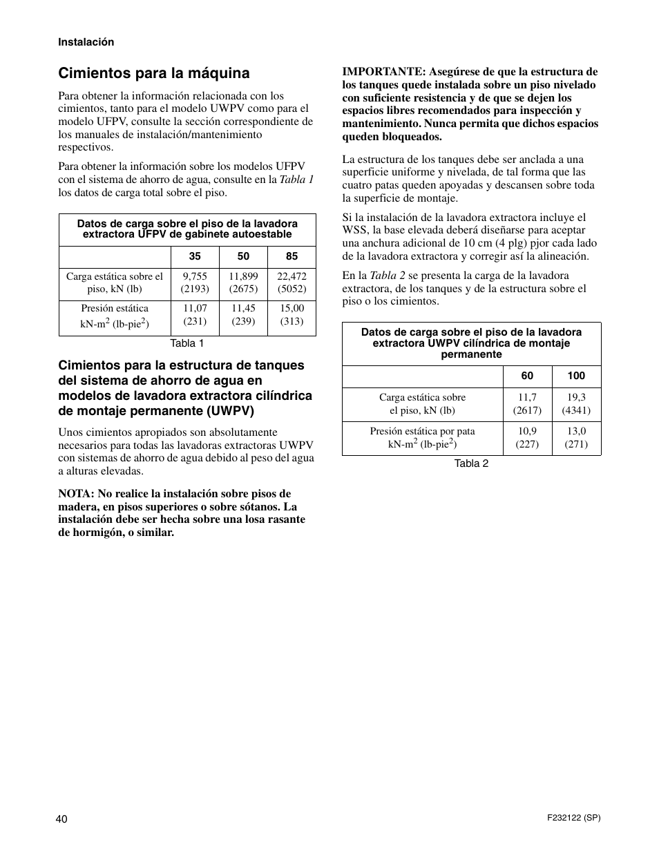 Cimientos para la máquina | Alliance Laundry Systems F232122R3 User Manual | Page 42 / 64