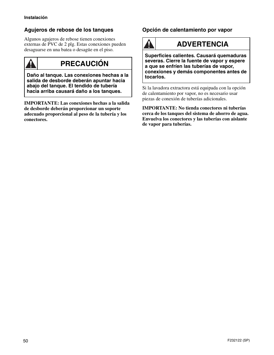 Precaución, Advertencia | Alliance Laundry Systems F232122R3 User Manual | Page 52 / 64