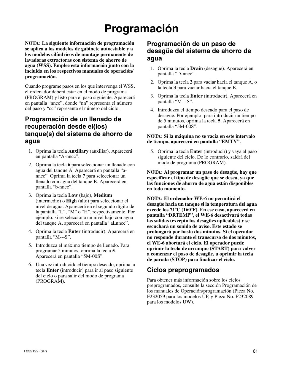 Programación | Alliance Laundry Systems F232122R3 User Manual | Page 63 / 64