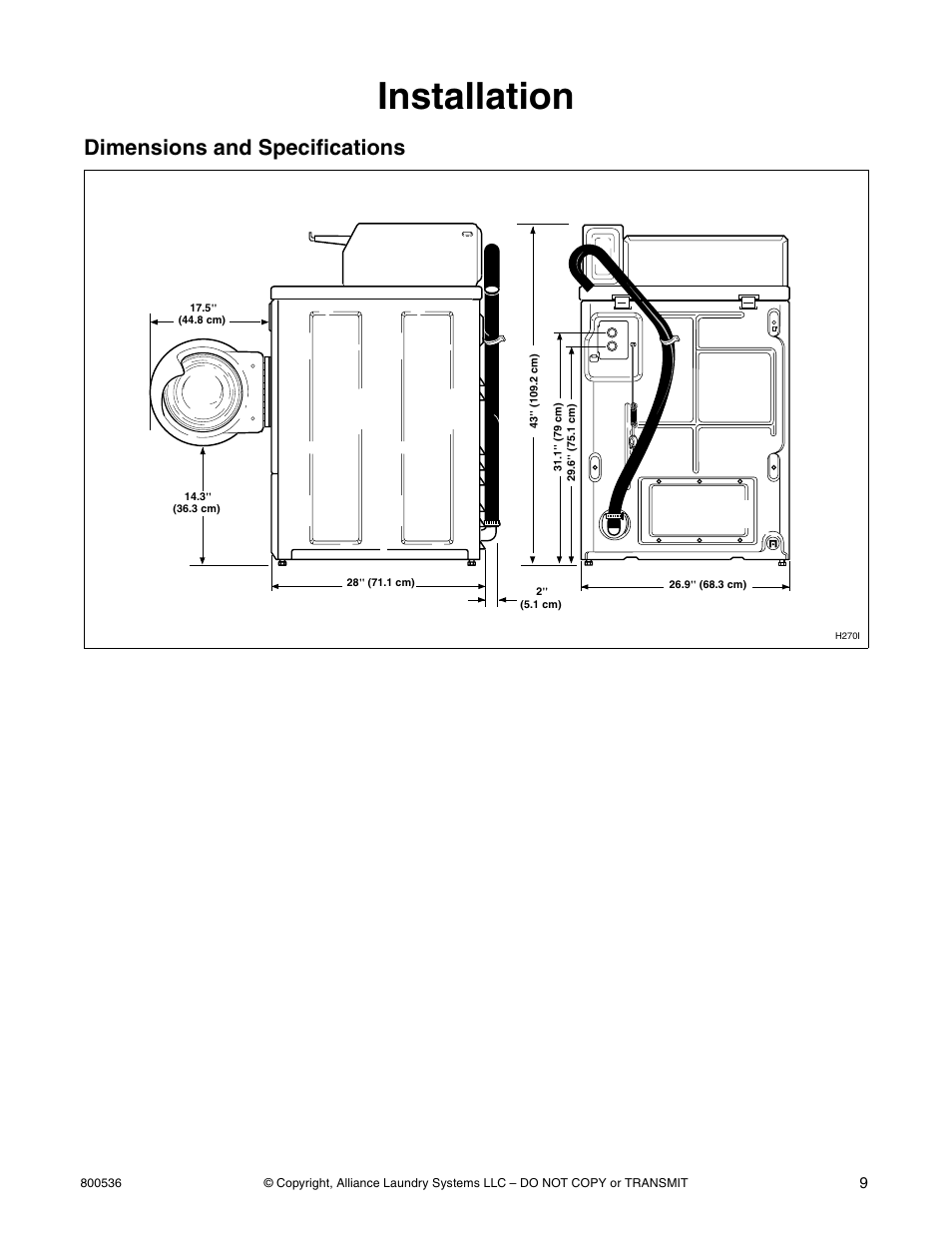 Installation, Dimensions and specifications | Alliance Laundry Systems H2641 User Manual | Page 11 / 70