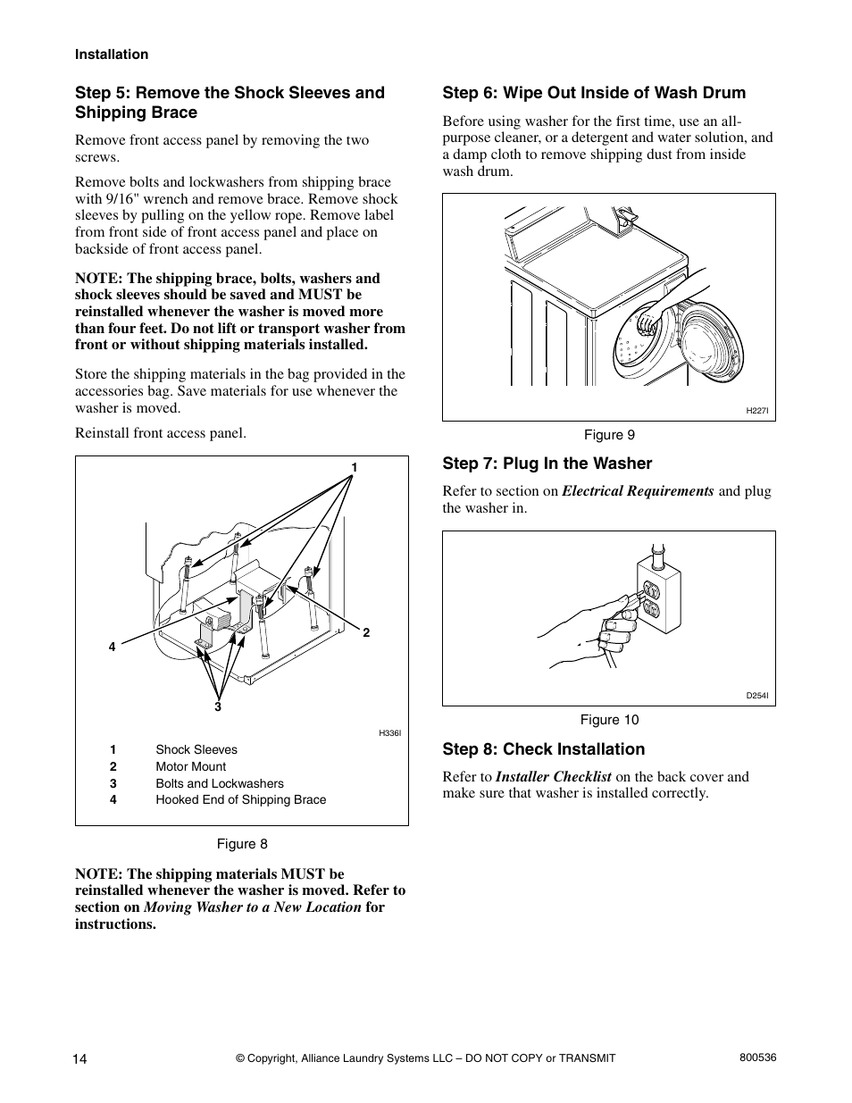 Step 6: wipe out inside of wash drum, Step 7: plug in the washer, Step 8: check installation | Alliance Laundry Systems H2641 User Manual | Page 16 / 70