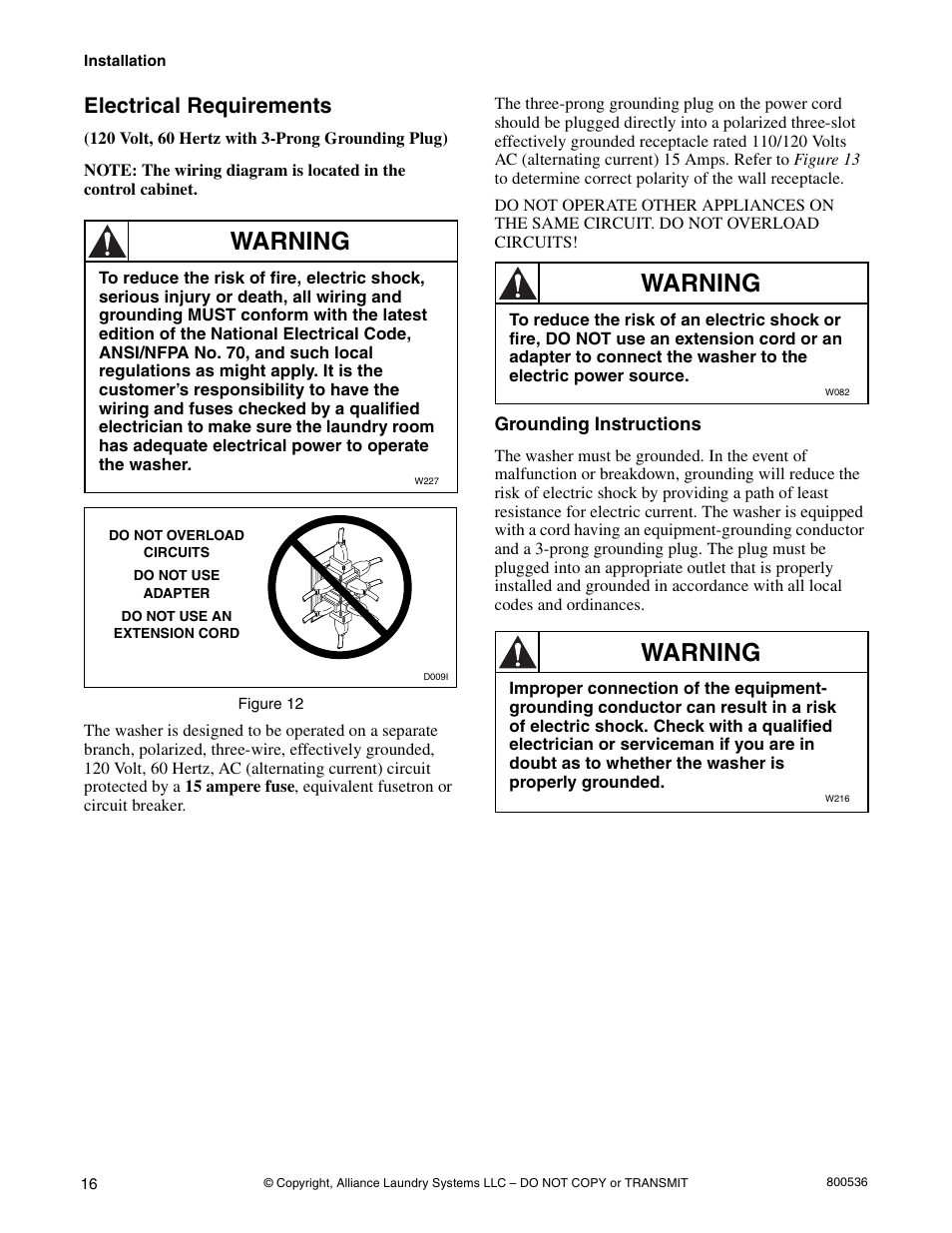 Warning, Electrical requirements | Alliance Laundry Systems H2641 User Manual | Page 18 / 70