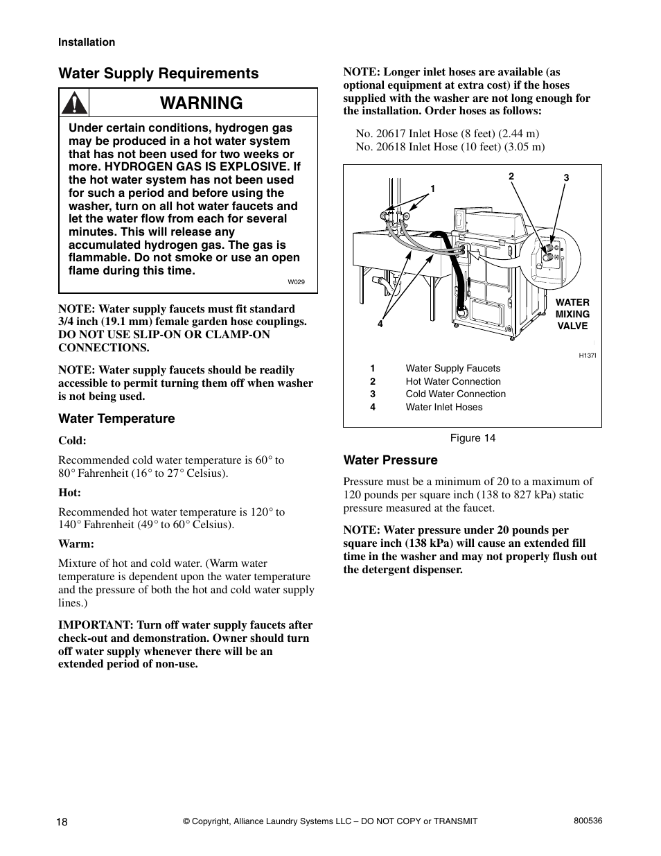 Warning, Water supply requirements | Alliance Laundry Systems H2641 User Manual | Page 20 / 70