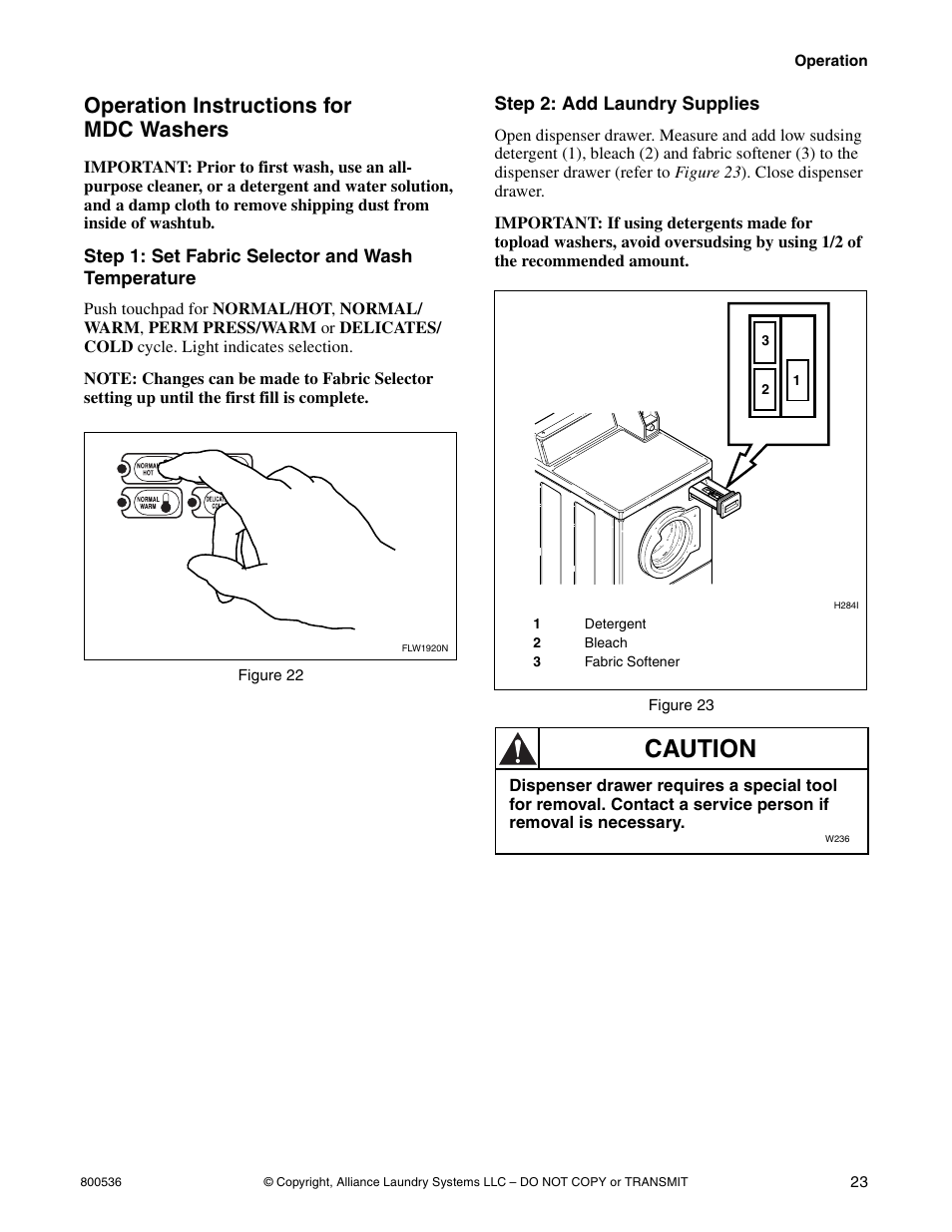 Caution, Operation instructions for mdc washers | Alliance Laundry Systems H2641 User Manual | Page 25 / 70