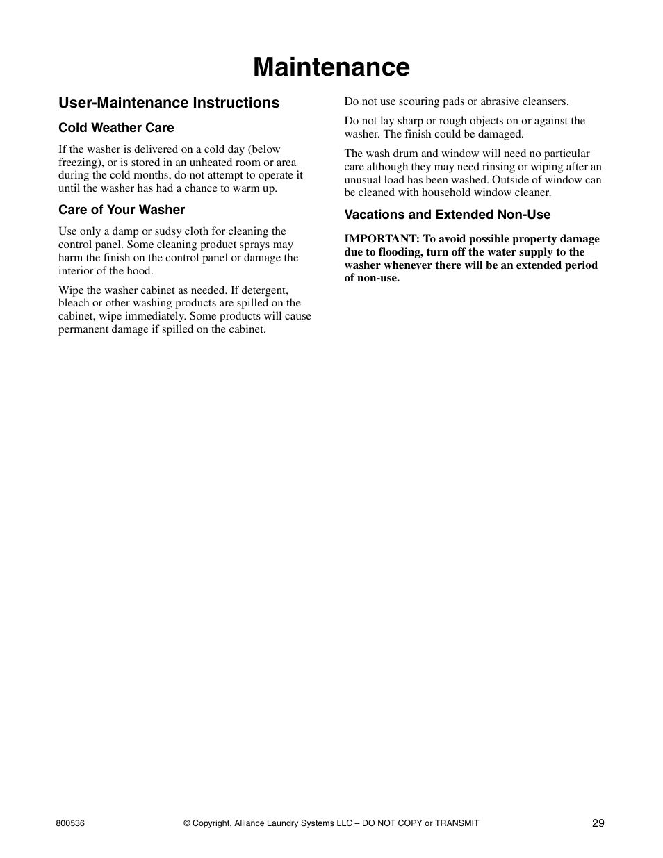 Maintenance | Alliance Laundry Systems H2641 User Manual | Page 31 / 70