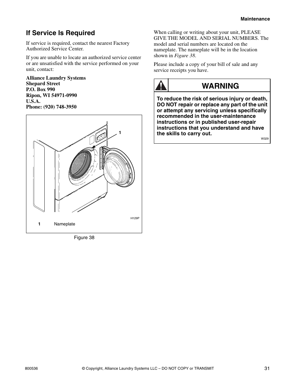 Warning, If service is required | Alliance Laundry Systems H2641 User Manual | Page 33 / 70