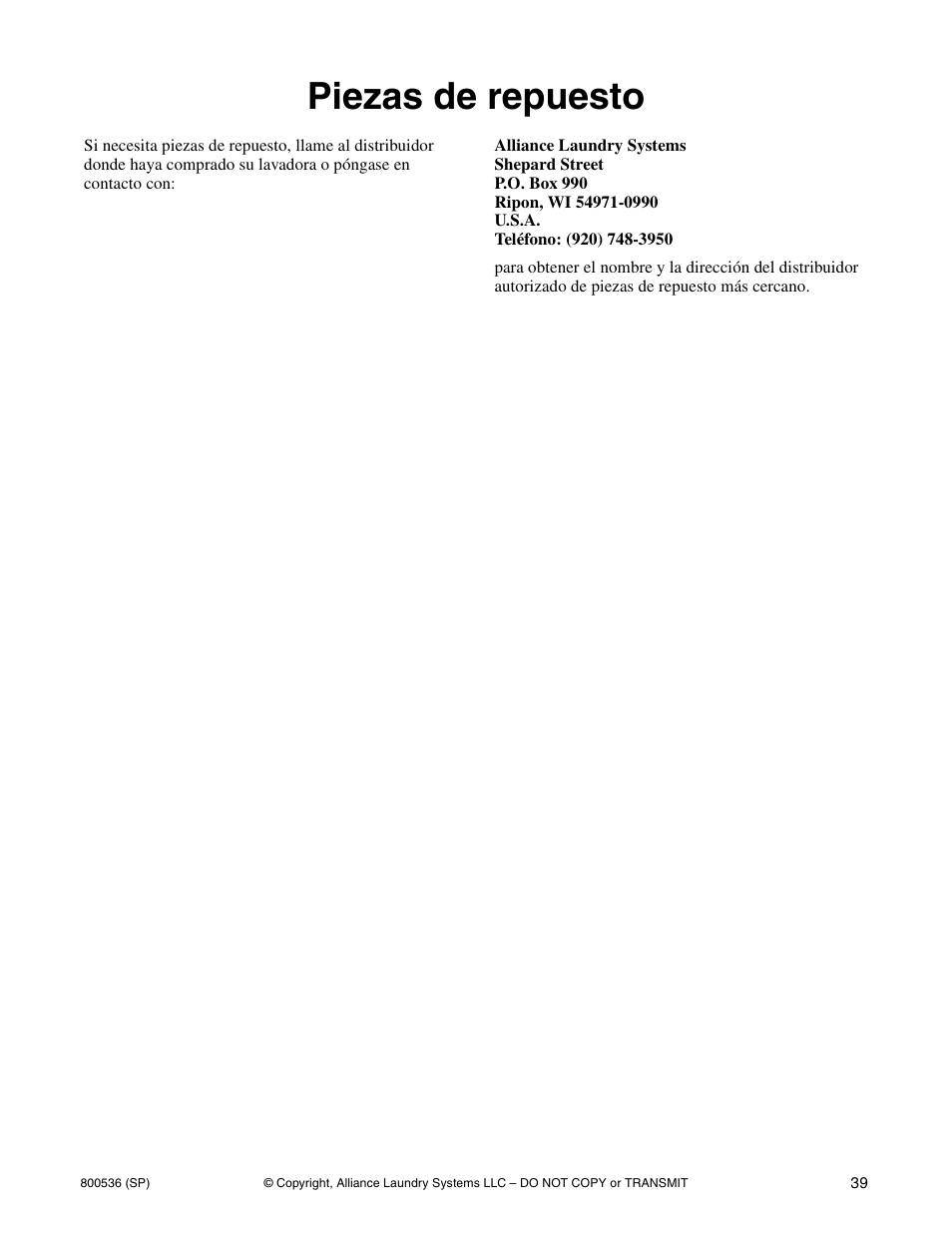 Piezas de repuesto | Alliance Laundry Systems H2641 User Manual | Page 41 / 70