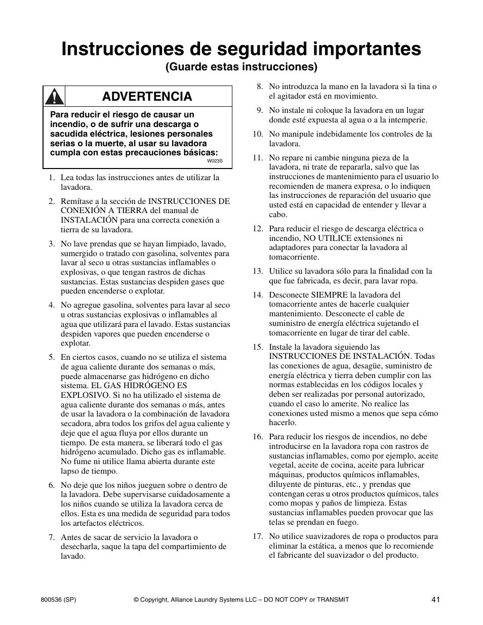 Instrucciones de seguridad importantes, Advertencia, Guarde estas instrucciones) | Alliance Laundry Systems H2641 User Manual | Page 43 / 70