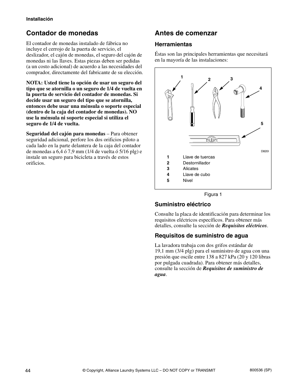 Contador de monedas, Antes de comenzar | Alliance Laundry Systems H2641 User Manual | Page 46 / 70