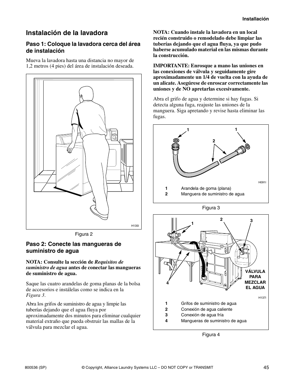 Instalación de la lavadora | Alliance Laundry Systems H2641 User Manual | Page 47 / 70