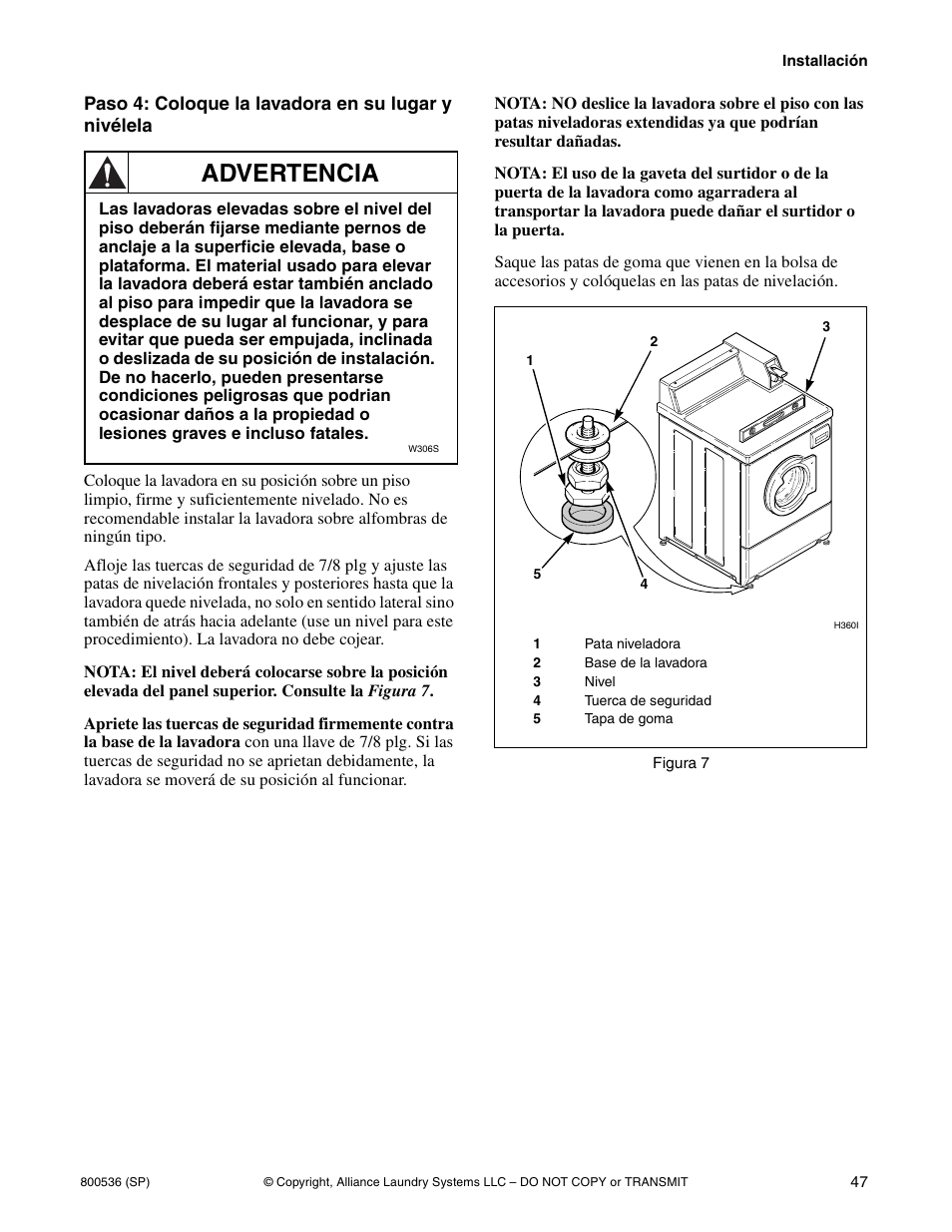 Advertencia | Alliance Laundry Systems H2641 User Manual | Page 49 / 70