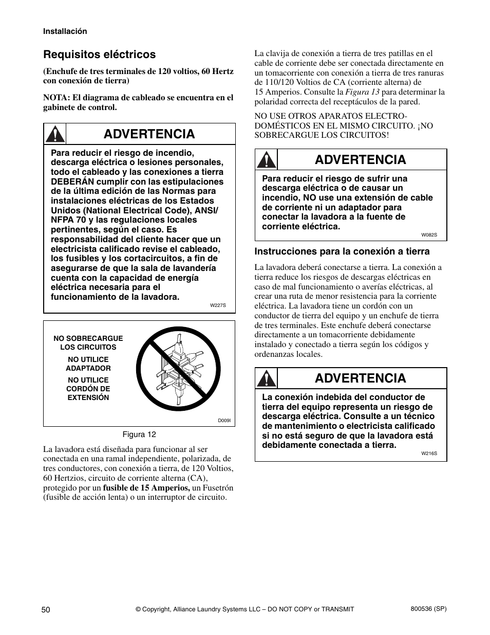 Advertencia, Requisitos eléctricos | Alliance Laundry Systems H2641 User Manual | Page 52 / 70