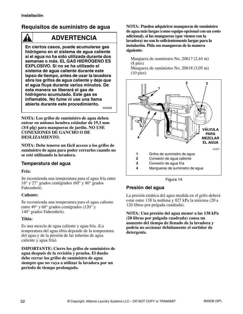 Advertencia, Requisitos de suministro de agua | Alliance Laundry Systems H2641 User Manual | Page 54 / 70