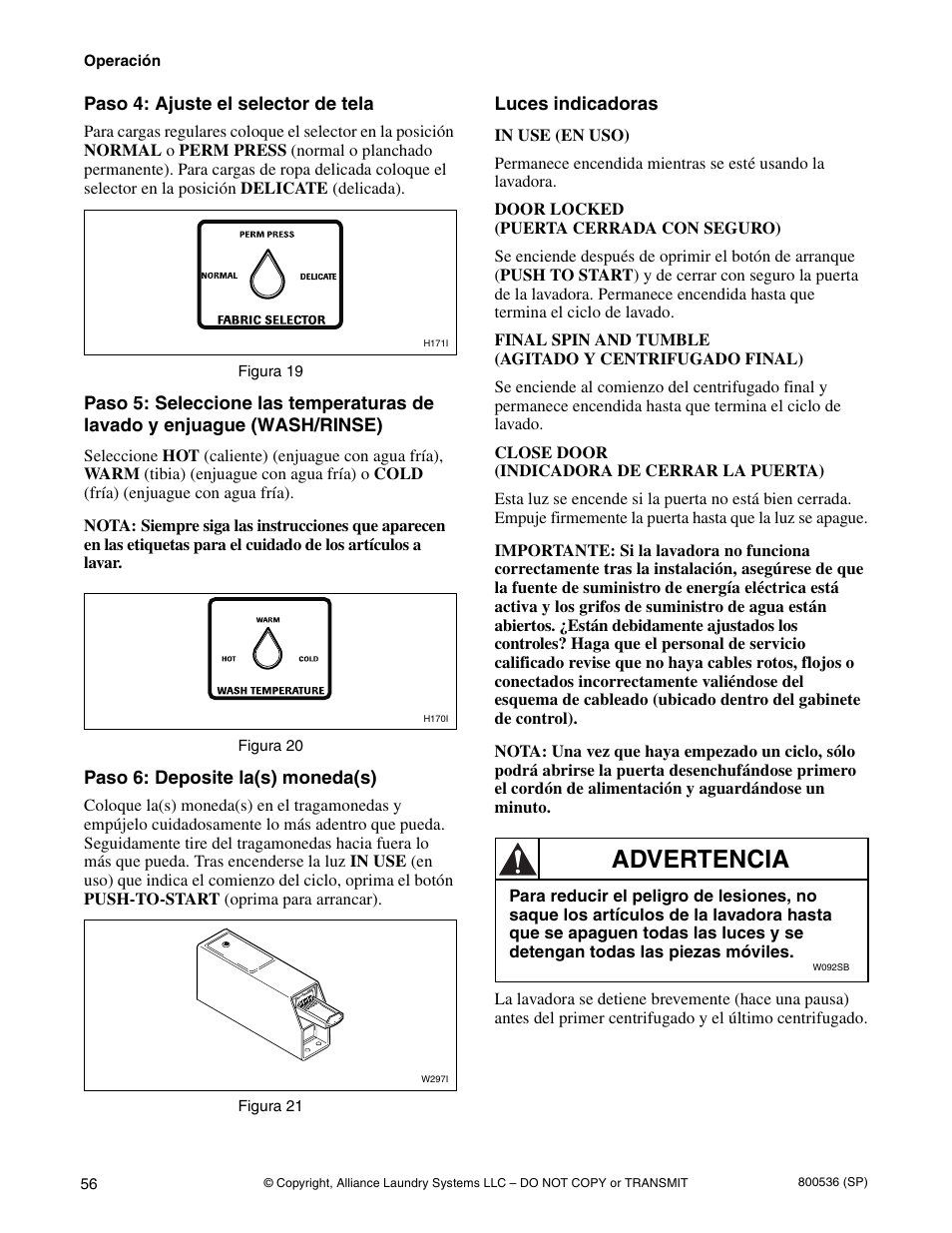 Advertencia | Alliance Laundry Systems H2641 User Manual | Page 58 / 70