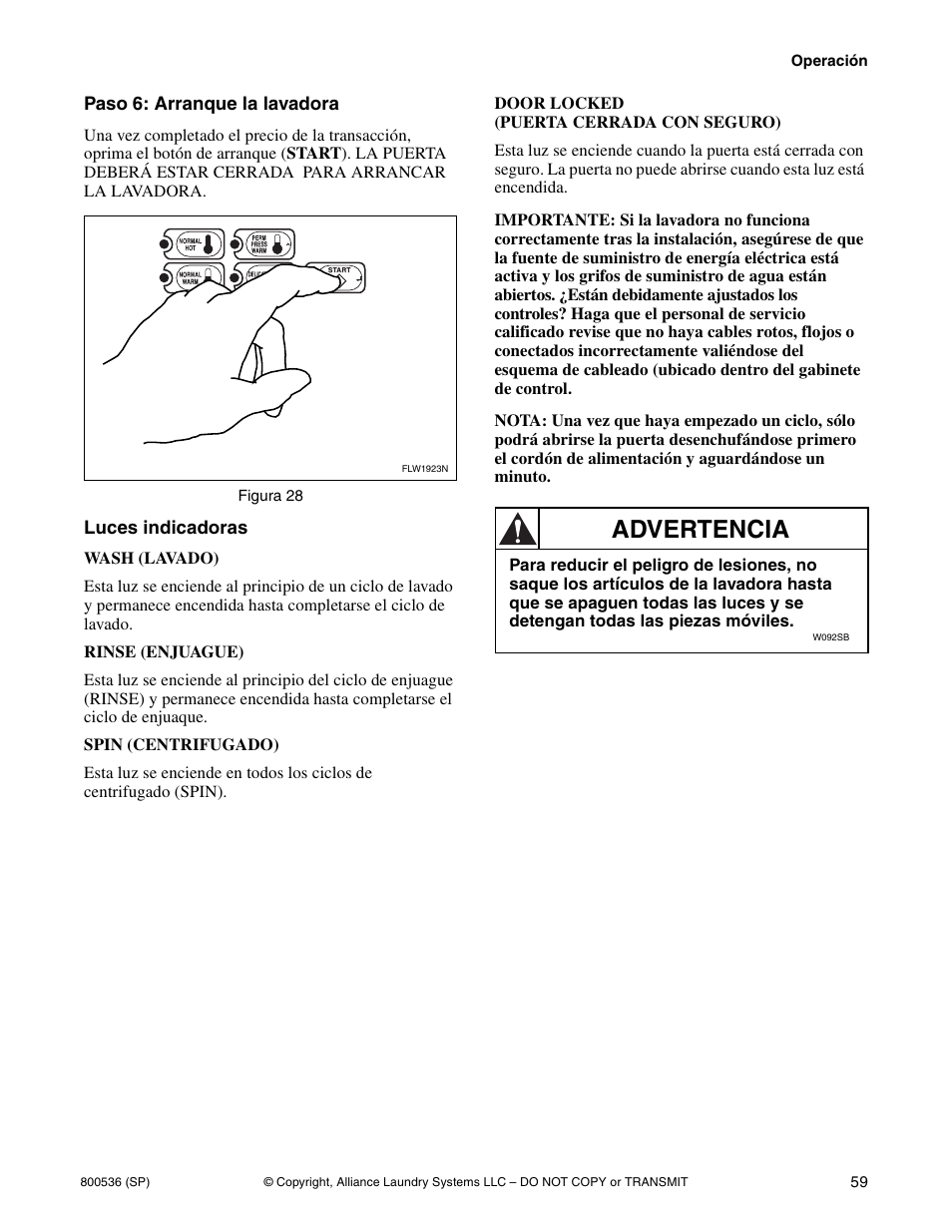 Advertencia | Alliance Laundry Systems H2641 User Manual | Page 61 / 70