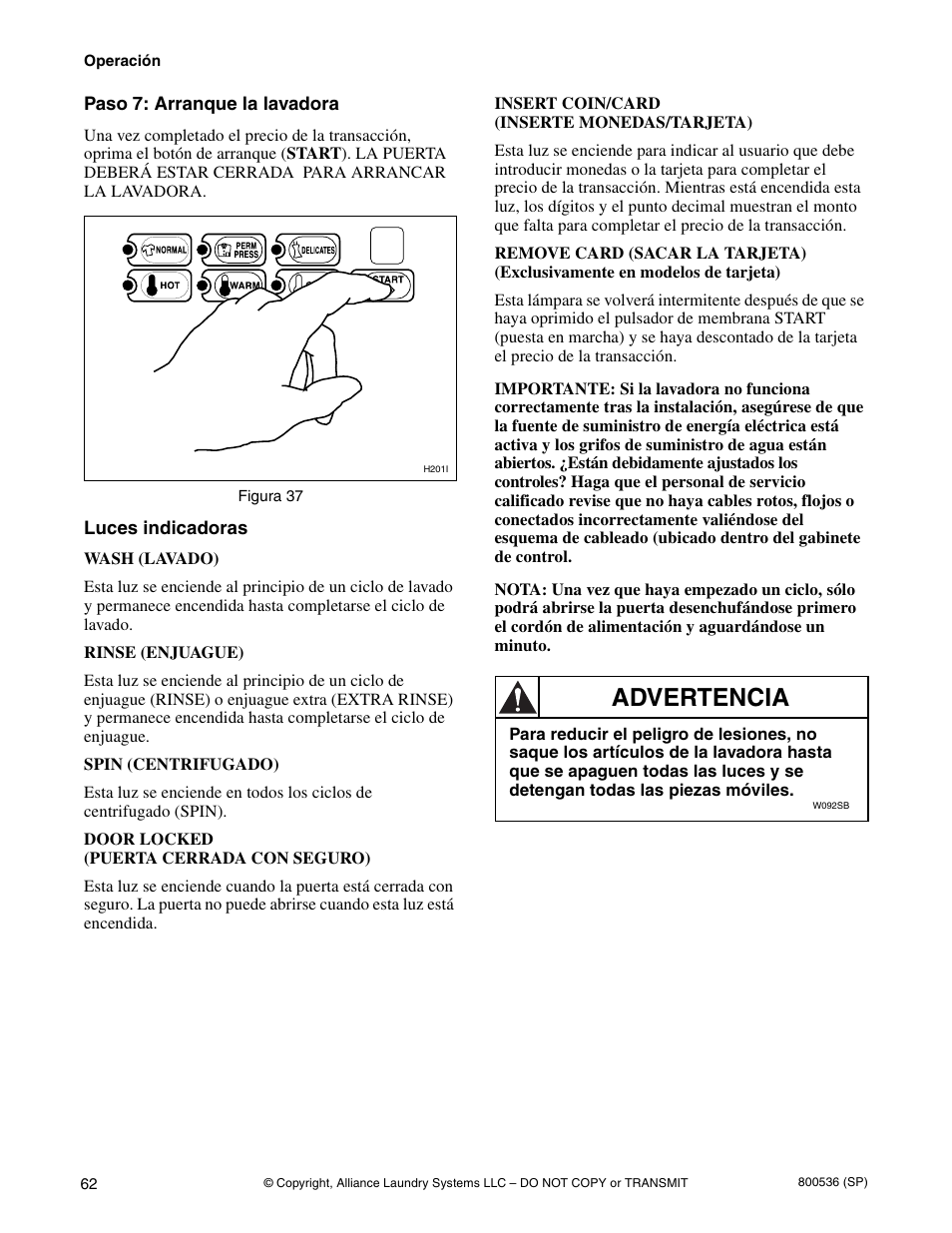Advertencia | Alliance Laundry Systems H2641 User Manual | Page 64 / 70