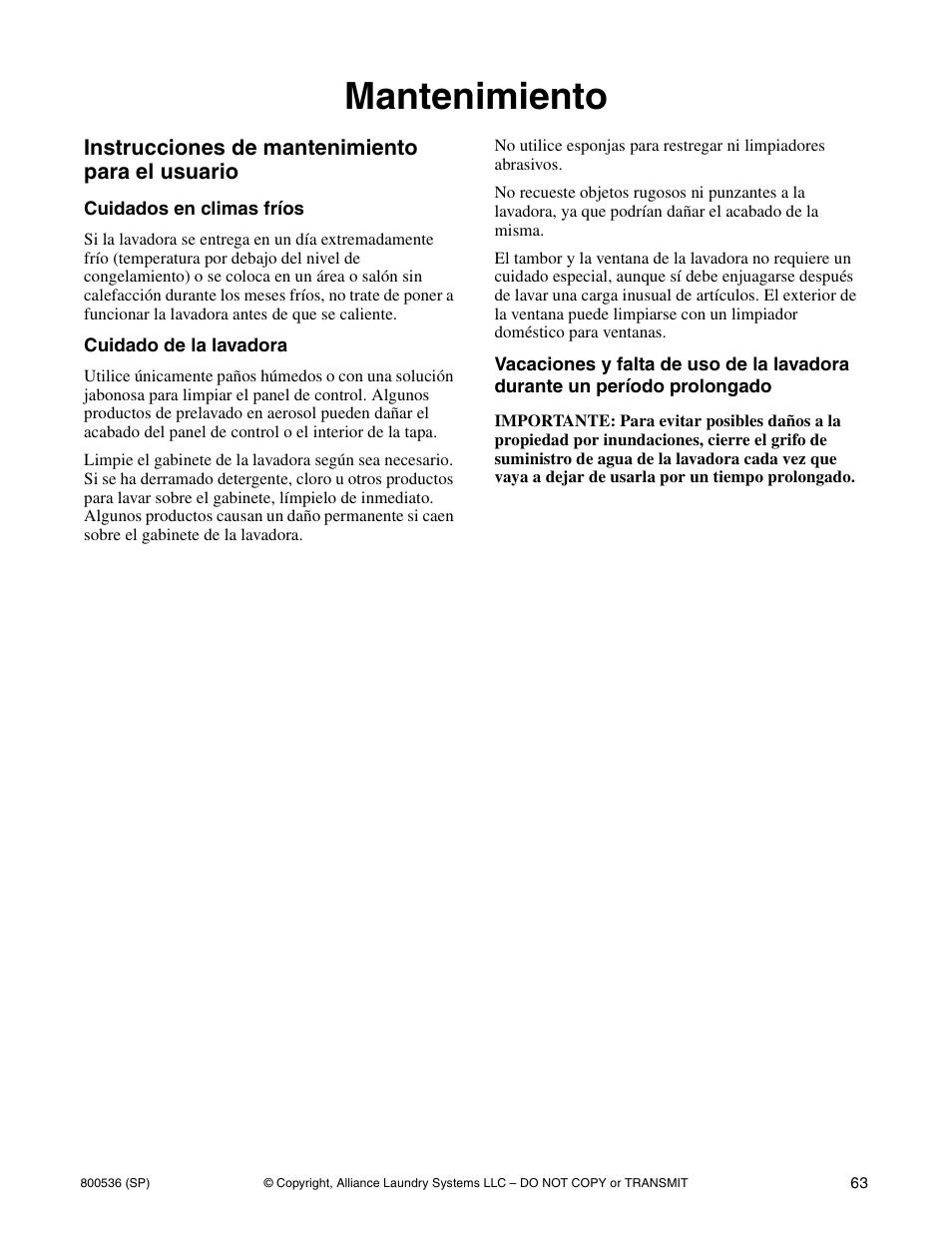 Mantenimiento | Alliance Laundry Systems H2641 User Manual | Page 65 / 70