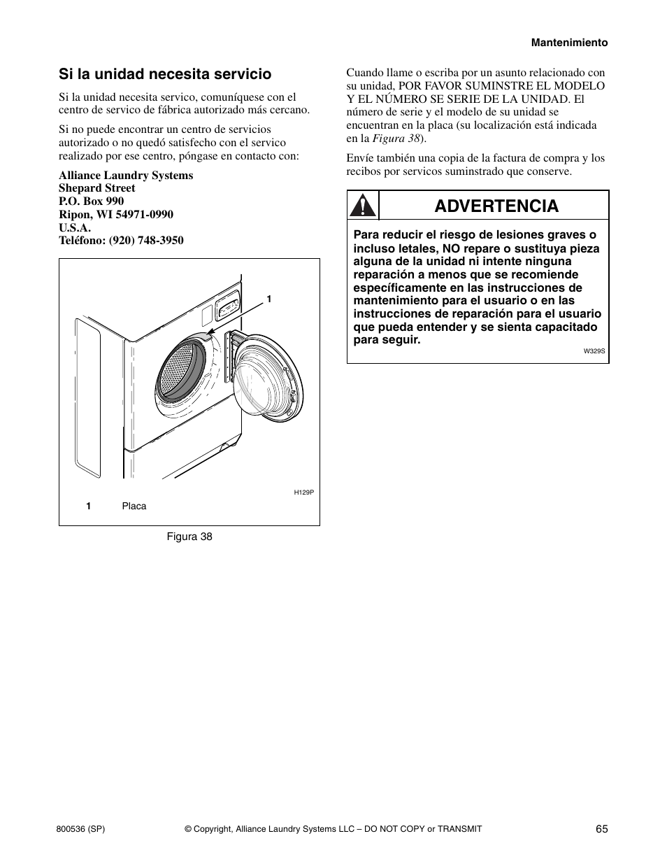 Advertencia, Si la unidad necesita servicio | Alliance Laundry Systems H2641 User Manual | Page 67 / 70