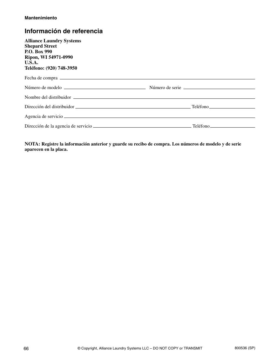 Información de referencia | Alliance Laundry Systems H2641 User Manual | Page 68 / 70