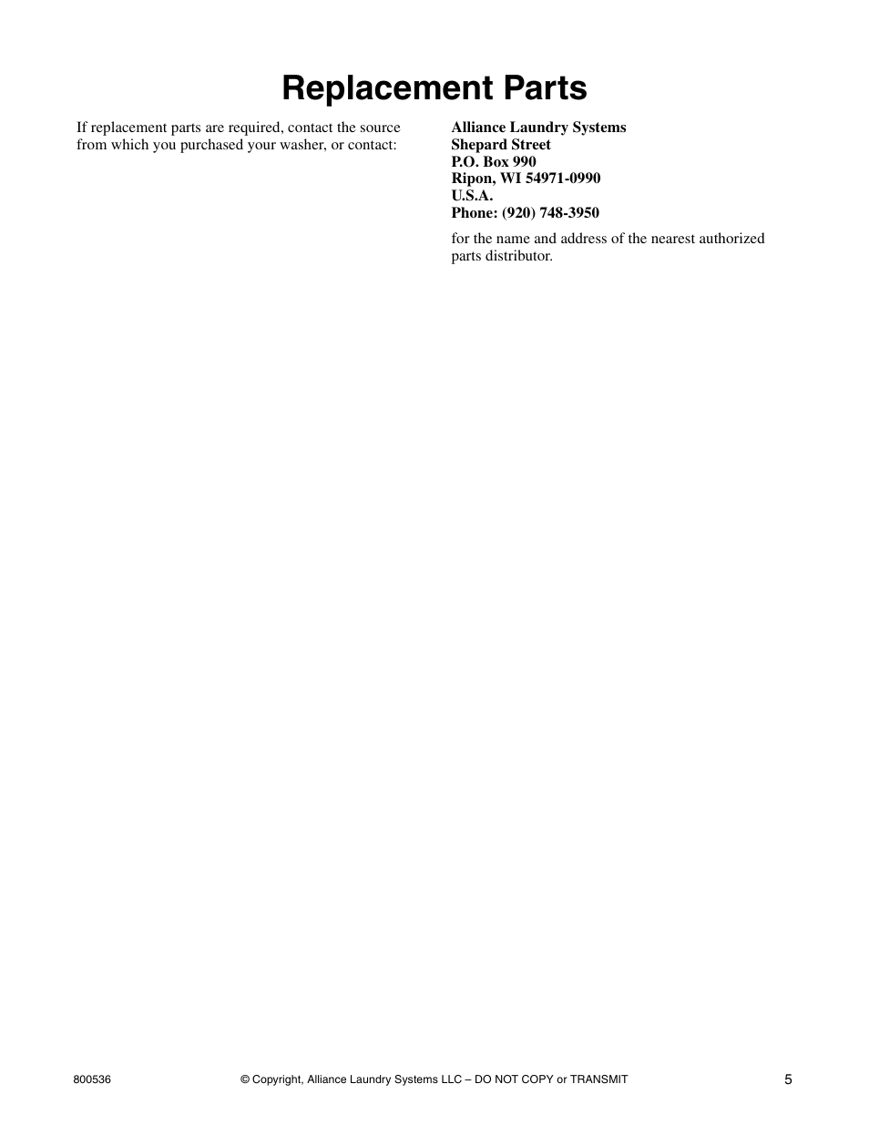 Replacement parts | Alliance Laundry Systems H2641 User Manual | Page 7 / 70