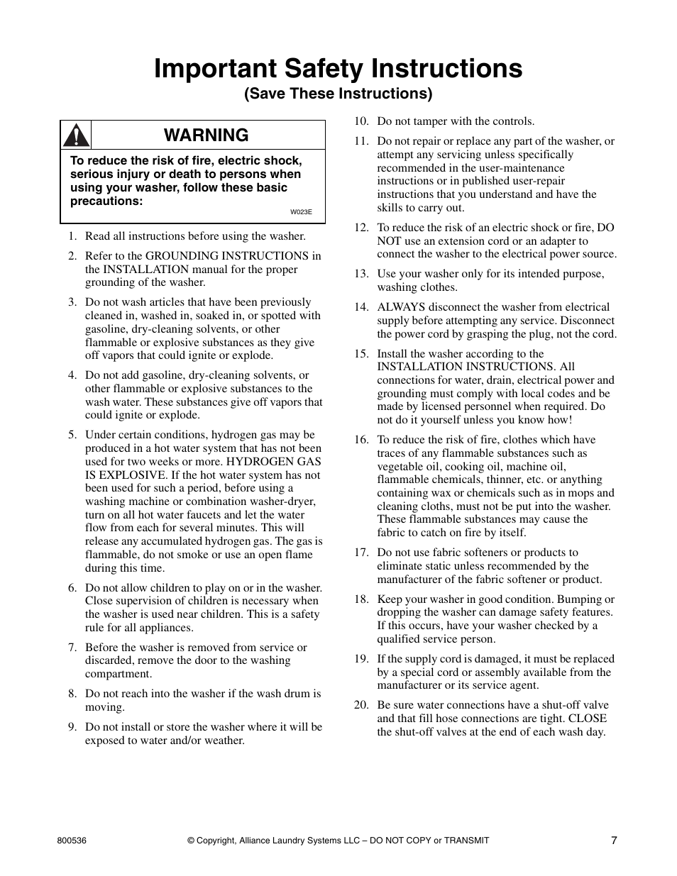 Important safety instructions, Warning, Save these instructions) | Alliance Laundry Systems H2641 User Manual | Page 9 / 70