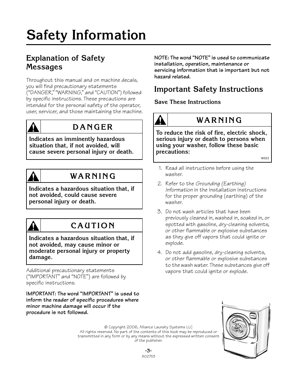 Safety information, Explanation of safety messages, Important safety instructions | Alliance Laundry Systems Frontload Washer User Manual | Page 3 / 31