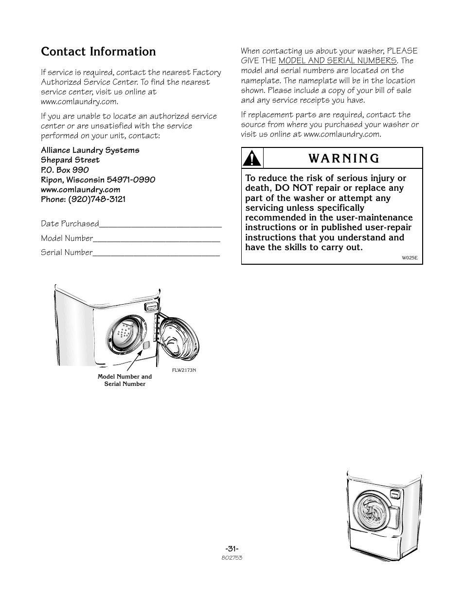 Contact information | Alliance Laundry Systems Frontload Washer User Manual | Page 31 / 31