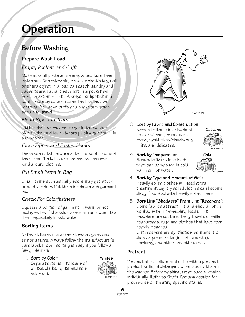 Operation, Before washing | Alliance Laundry Systems Frontload Washer User Manual | Page 6 / 31