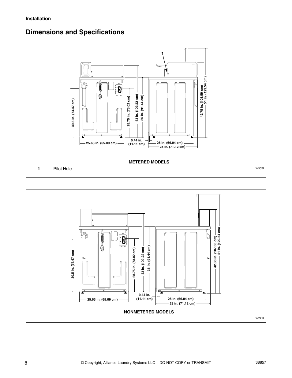 Dimensions and specifications, Installation, 1pilot hole | Metered models, Nonmetered models | Alliance Laundry Systems W446I User Manual | Page 10 / 40