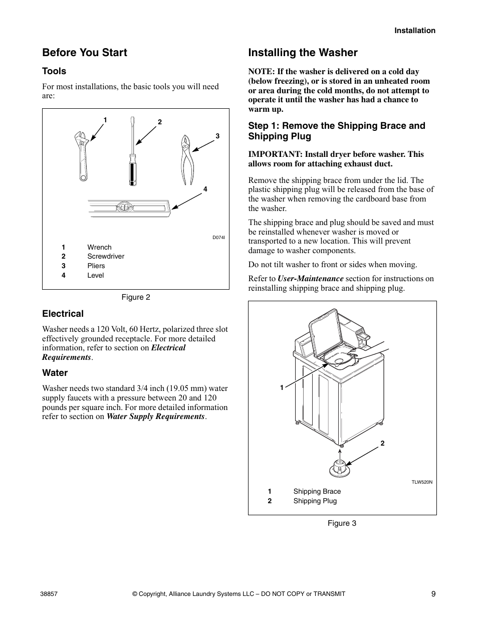Before you start, Tools, Electrical | Water, Installing the washer | Alliance Laundry Systems W446I User Manual | Page 11 / 40