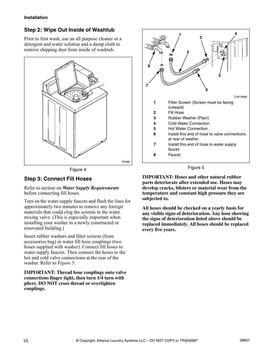 Step 2: wipe out inside of washtub, Step 3: connect fill hoses | Alliance Laundry Systems W446I User Manual | Page 12 / 40