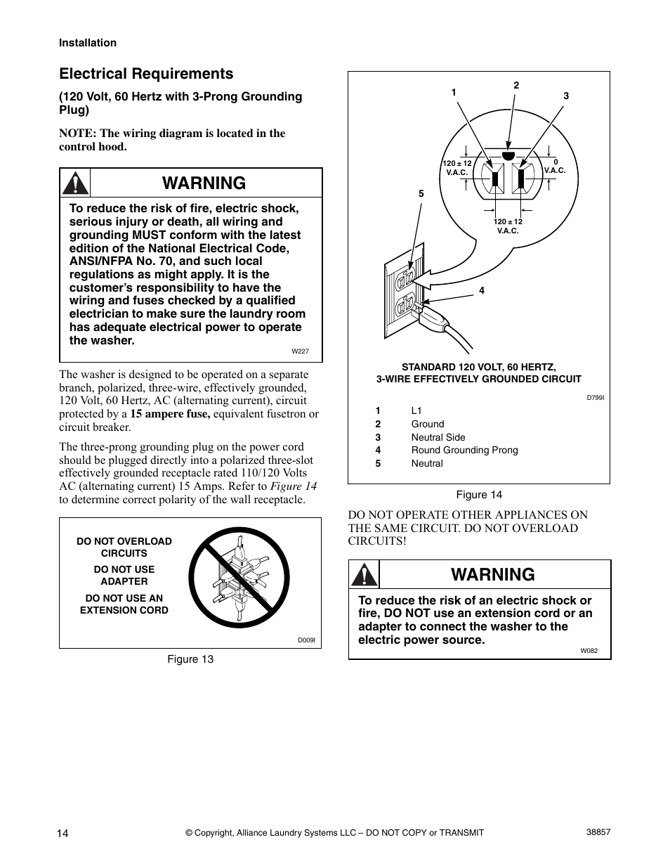 Electrical requirements, Warning | Alliance Laundry Systems W446I User Manual | Page 16 / 40