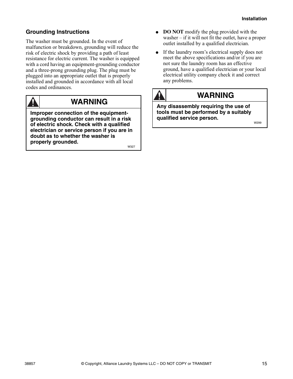 Grounding instructions, Warning | Alliance Laundry Systems W446I User Manual | Page 17 / 40