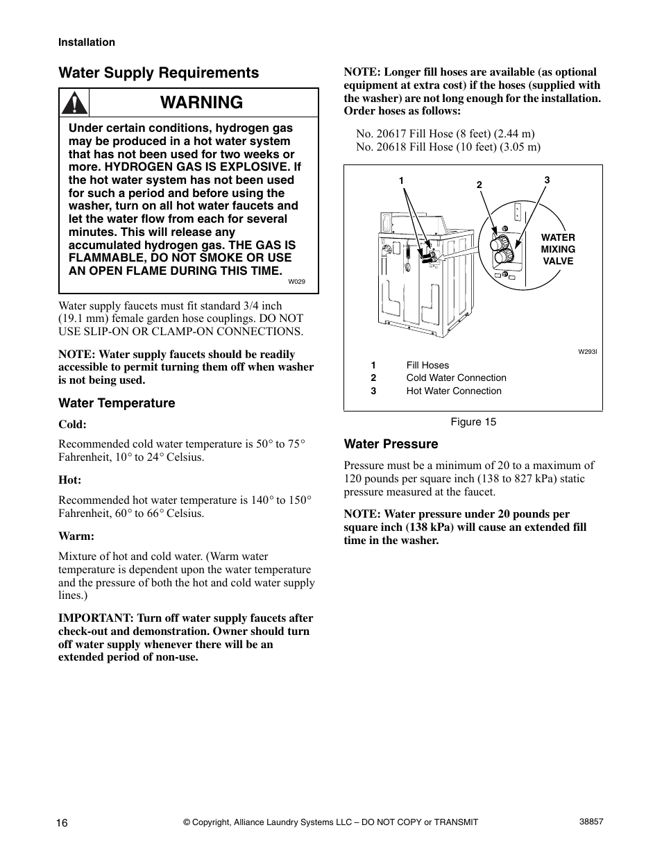 Water supply requirements, Water temperature water pressure, Warning | Alliance Laundry Systems W446I User Manual | Page 18 / 40