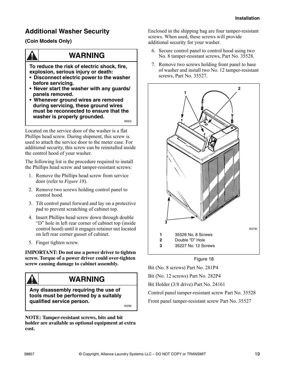 Additional washer security, Warning | Alliance Laundry Systems W446I User Manual | Page 21 / 40