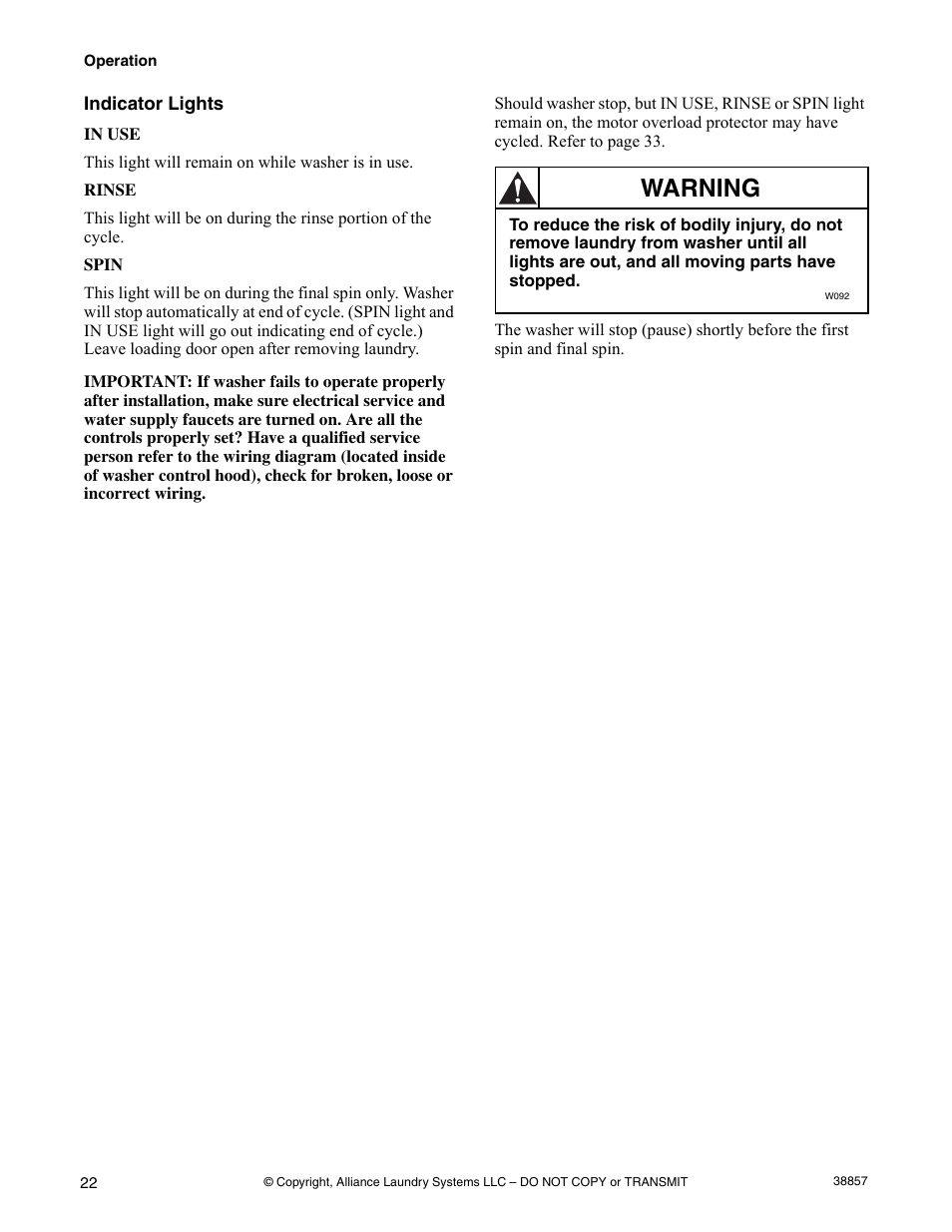 Indicator lights, Warning | Alliance Laundry Systems W446I User Manual | Page 24 / 40