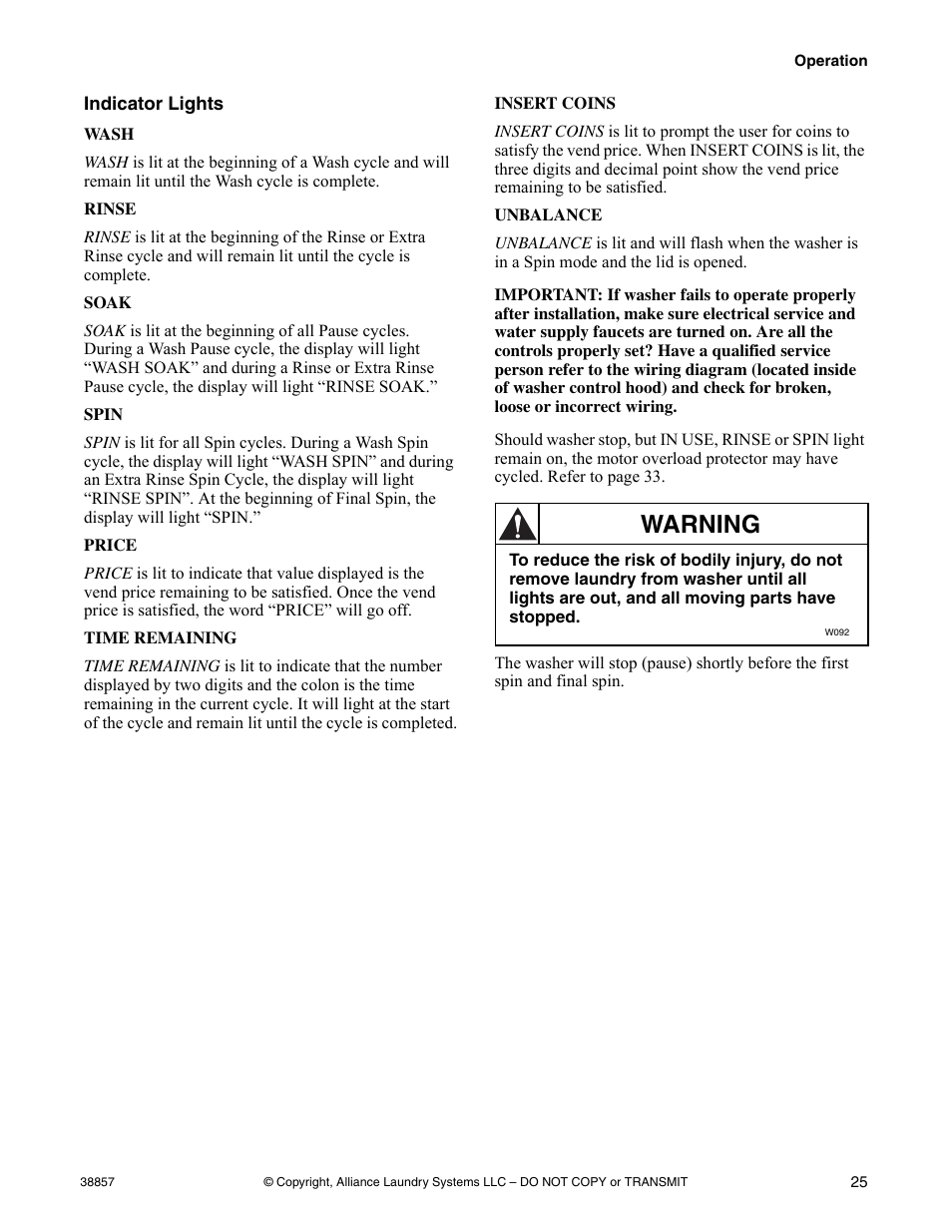 Indicator lights, Warning | Alliance Laundry Systems W446I User Manual | Page 27 / 40