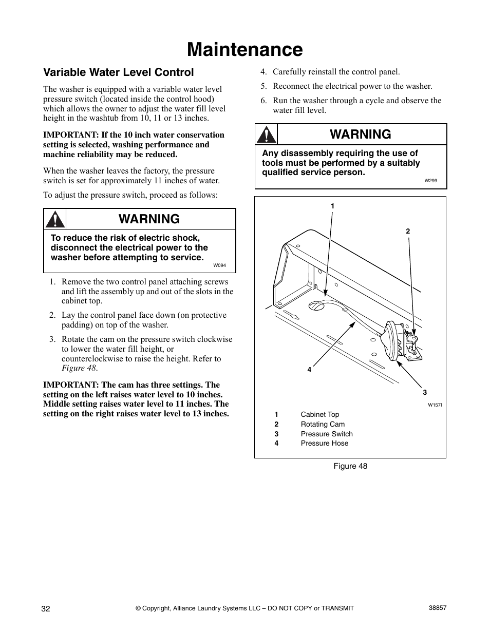 Maintenance, Variable water level control, Warning | Alliance Laundry Systems W446I User Manual | Page 34 / 40