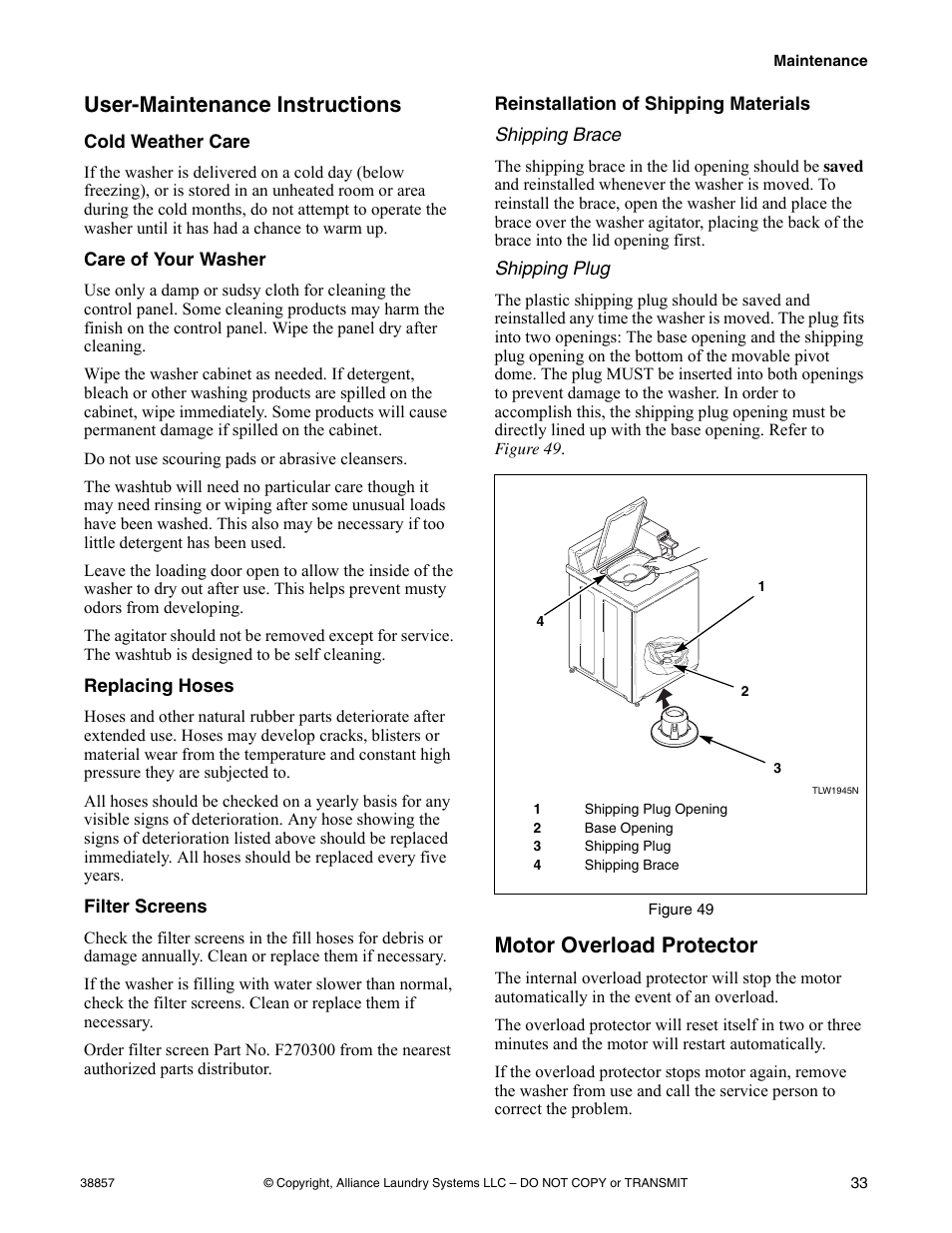 User-maintenance instructions, Motor overload protector | Alliance Laundry Systems W446I User Manual | Page 35 / 40