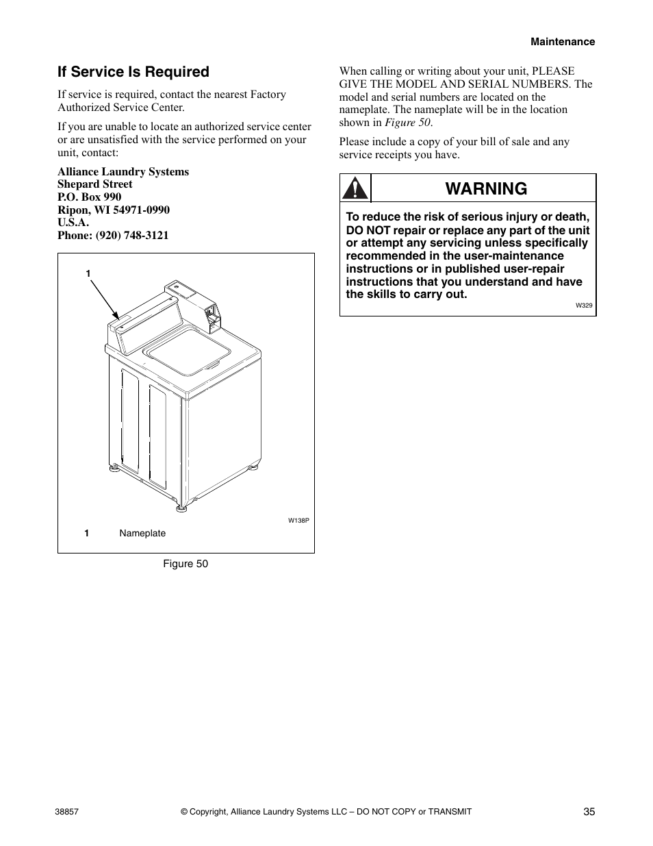 If service is required, Warning | Alliance Laundry Systems W446I User Manual | Page 37 / 40